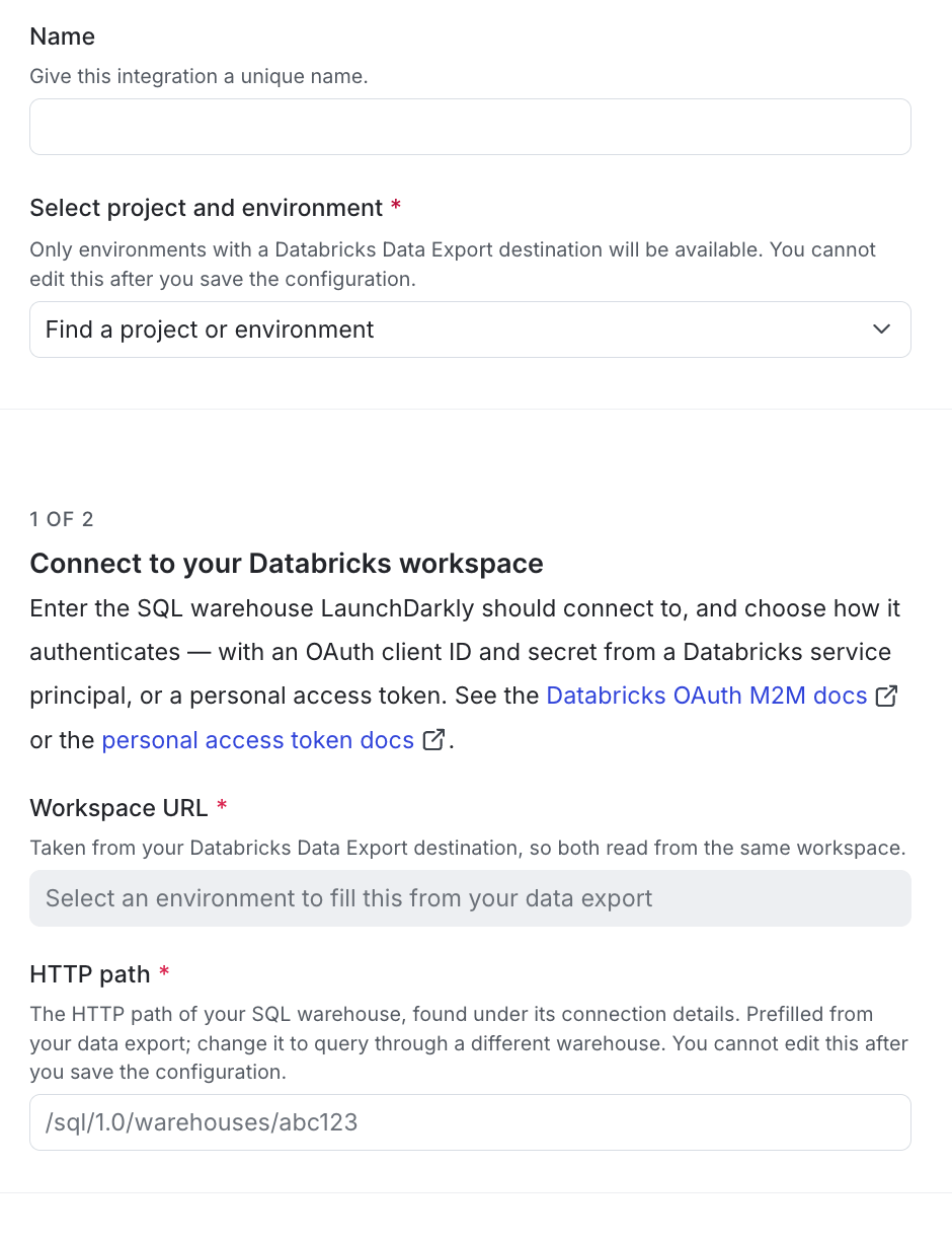 The Databricks native Experimentation create page in LaunchDarkly, with OAuth M2M selected.