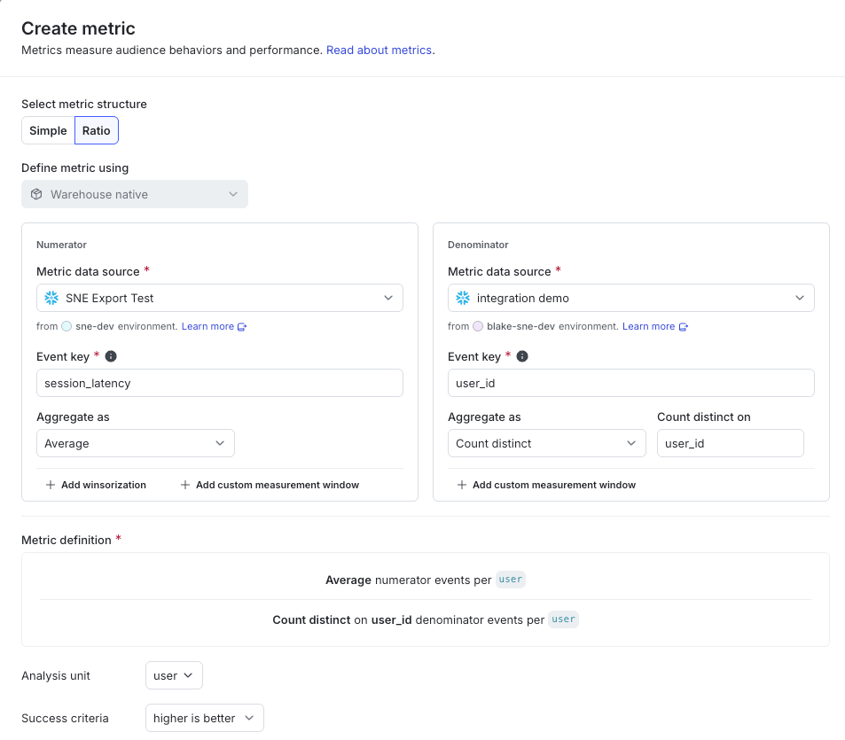Configuring numerator and denominator aggregations for a ratio metric.