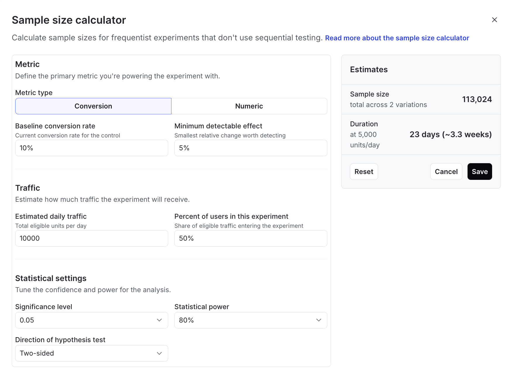 The sample size calculator.