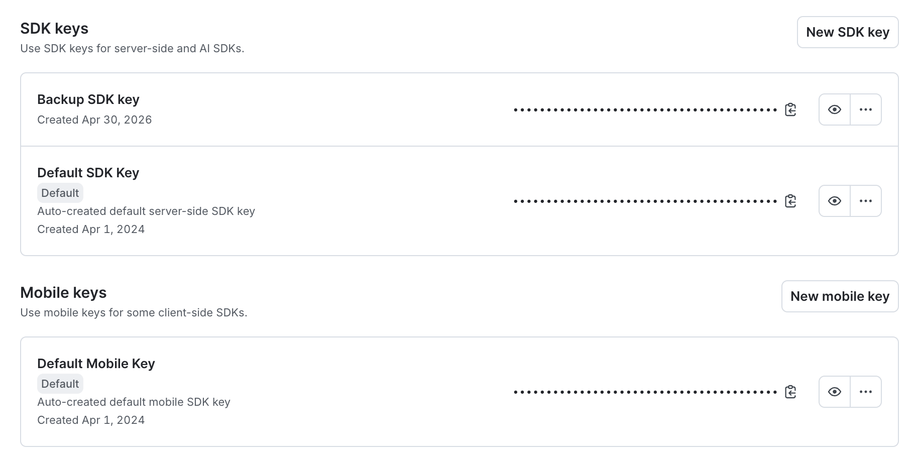 The SDK keys settings page.