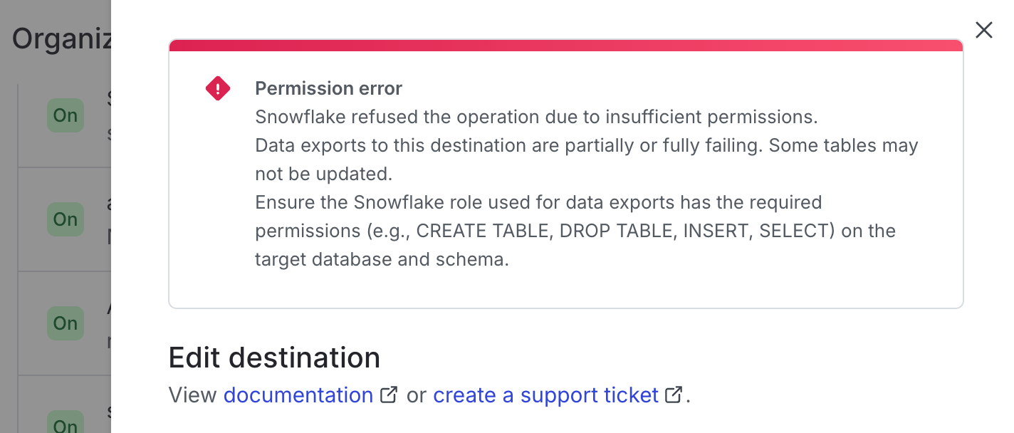 A permission error warning at the top of an integration configuration panel.