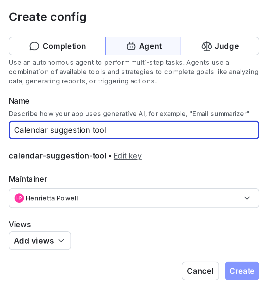 The Create AgentControl config dialog with Agent mode selected.