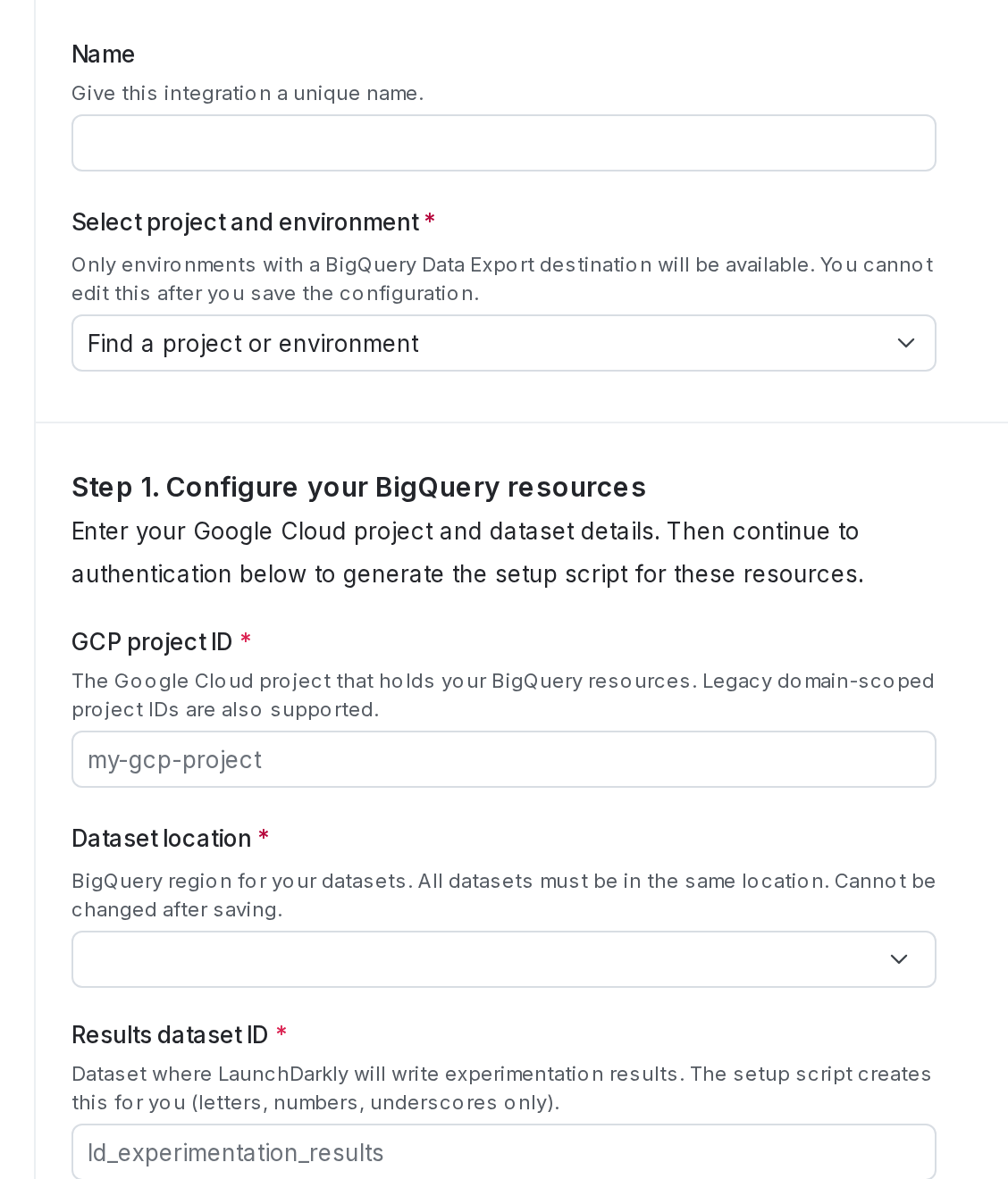 The BigQuery native Experimentation configuration panel in LaunchDarkly.