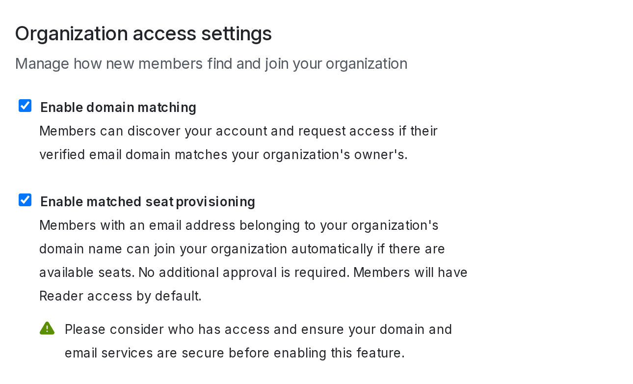 Organization access settings with matched seat provisioning enabled.