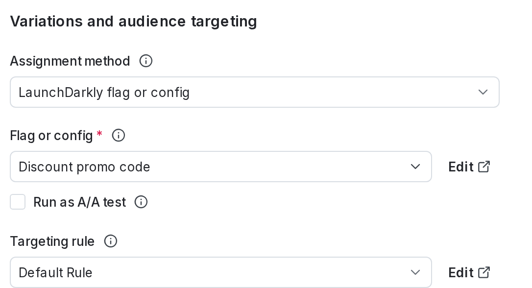 The "Variations and audience targeting" section with the flag default rule chosen.