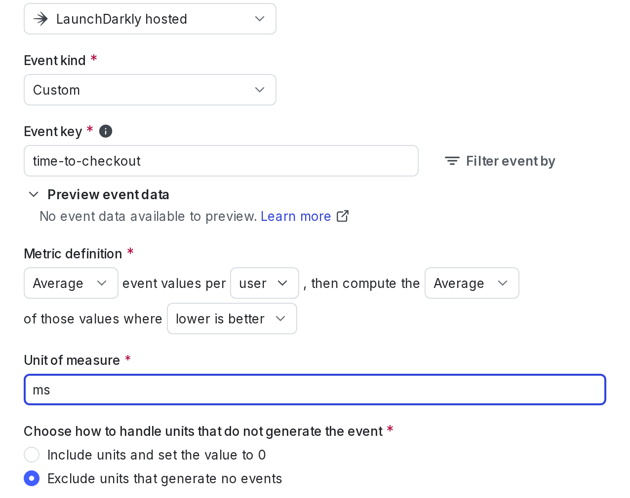 The "Metric definition" section for a custom numeric metric.