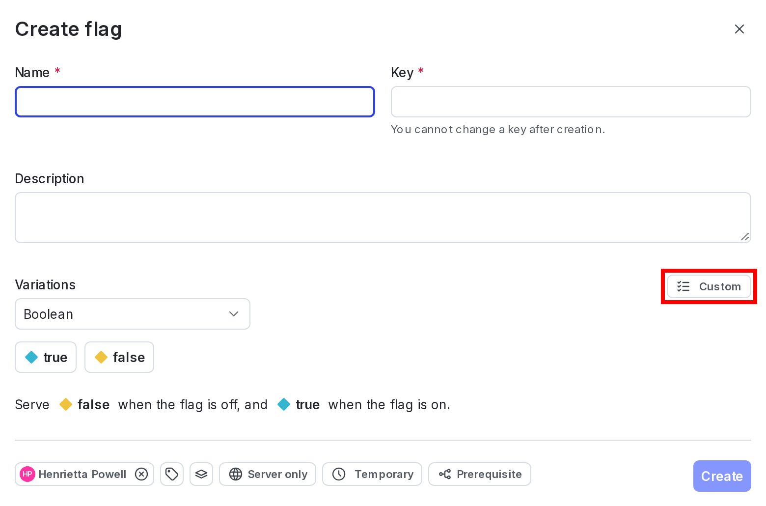 The template menu in the flag creation dialog.