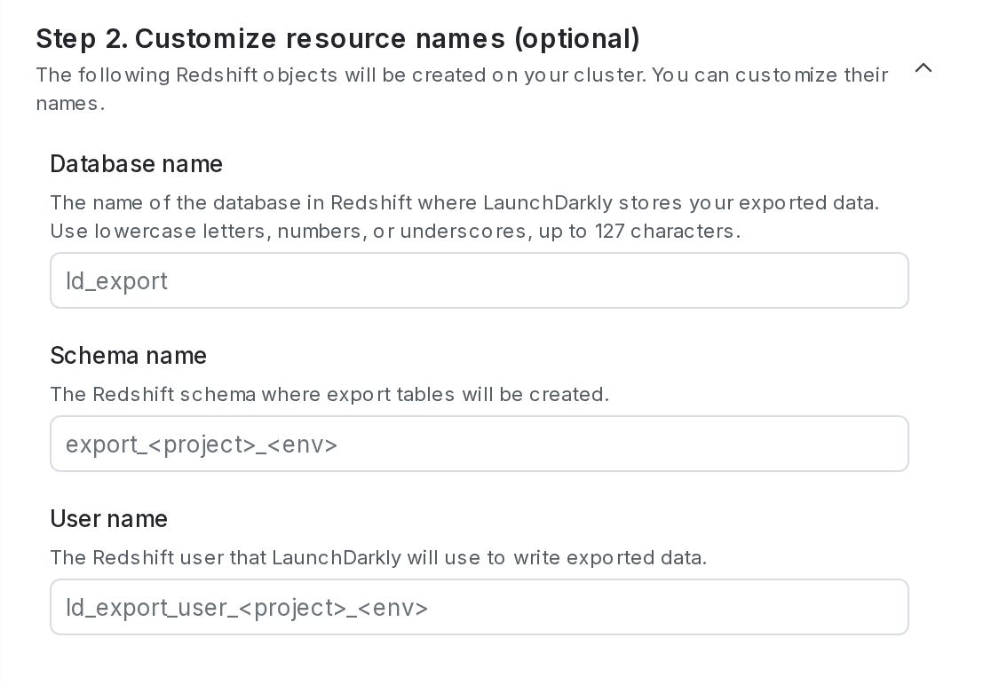 The resource name customization section in LaunchDarkly.
