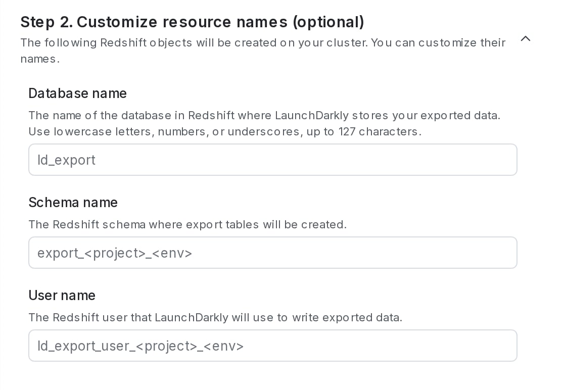 The resource name customization section in LaunchDarkly.
