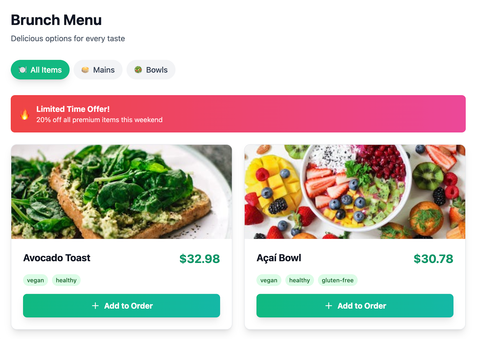 Screenshot of the menu section of BrunchDarkly. There are photos of a delicious-looking acai bowl ($32.68) and Avocado Toast ($32.98). I live in San Francisco. These prices seem about right TBH.