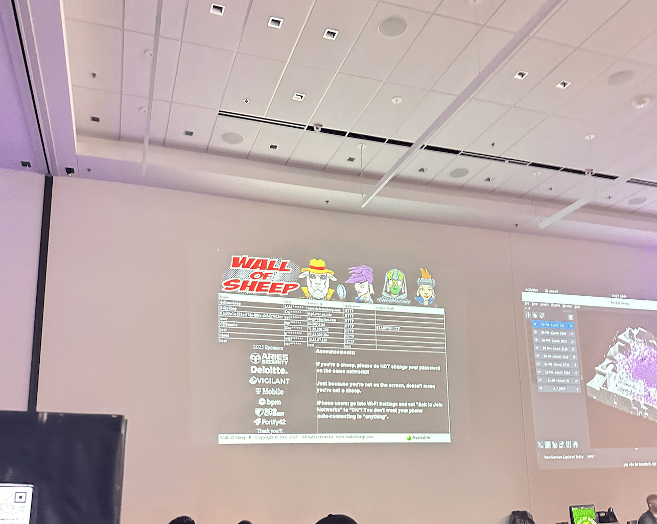 Photo of wall of sheep who have been pwned at defcon 33.