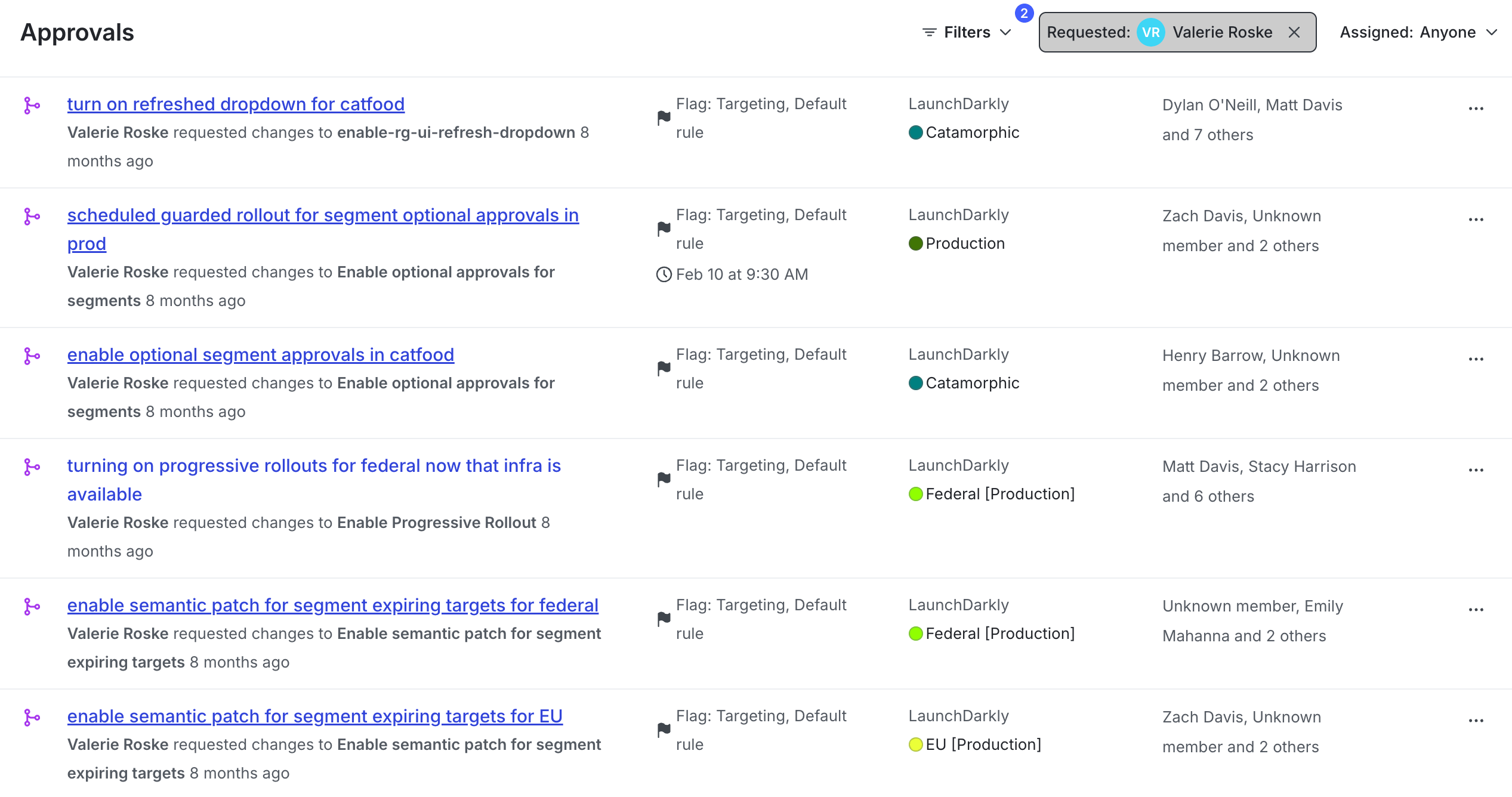 Example approval request: a flag named turn on refreshed dropdown for catfood was approved by Valerie Roske.