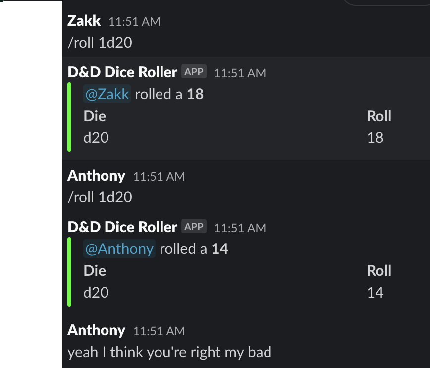 Screenshot of Slack dice roller plugin thingy.