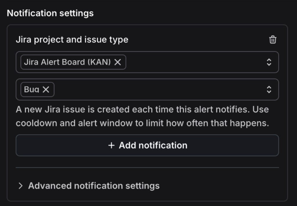 An alert's Notification settings with a configured Jira destination, showing the Jira Alert Board project and the Bug issue type, and a note that LaunchDarkly creates a new Jira issue each time the alert notifies.