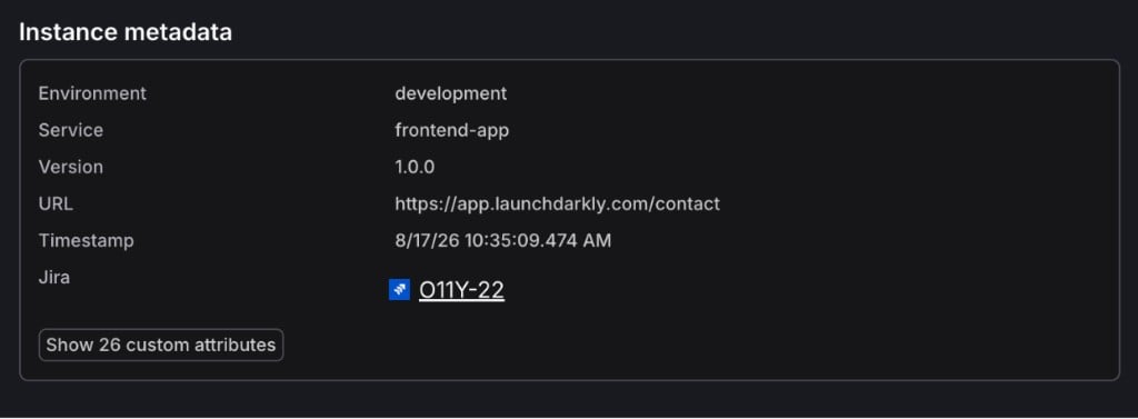 An Instance metadata panel listing environment, service, version, URL, and timestamp, with a Jira row containing a link to issue O11Y-22.