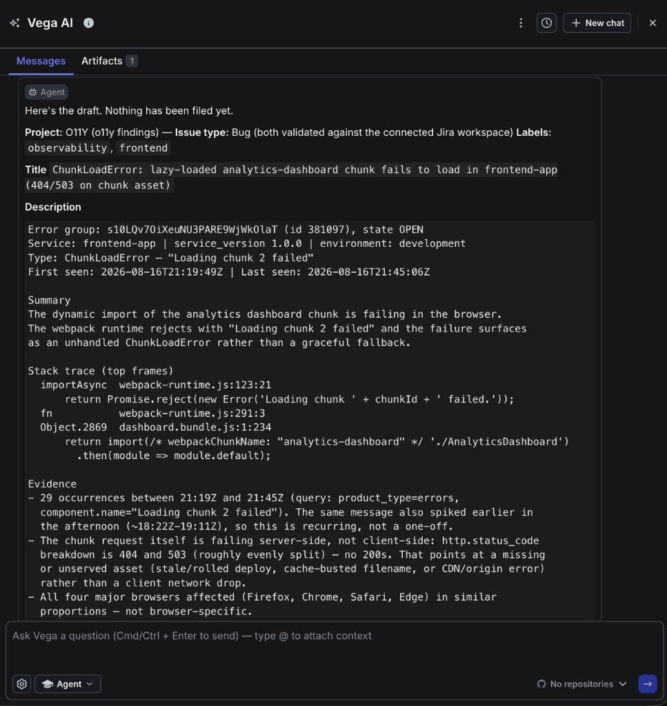 A Vega AI panel showing a drafted Jira ticket that has not been filed yet, with the project, issue type, labels, title, and a long description containing the error group, service, stack trace, and evidence.