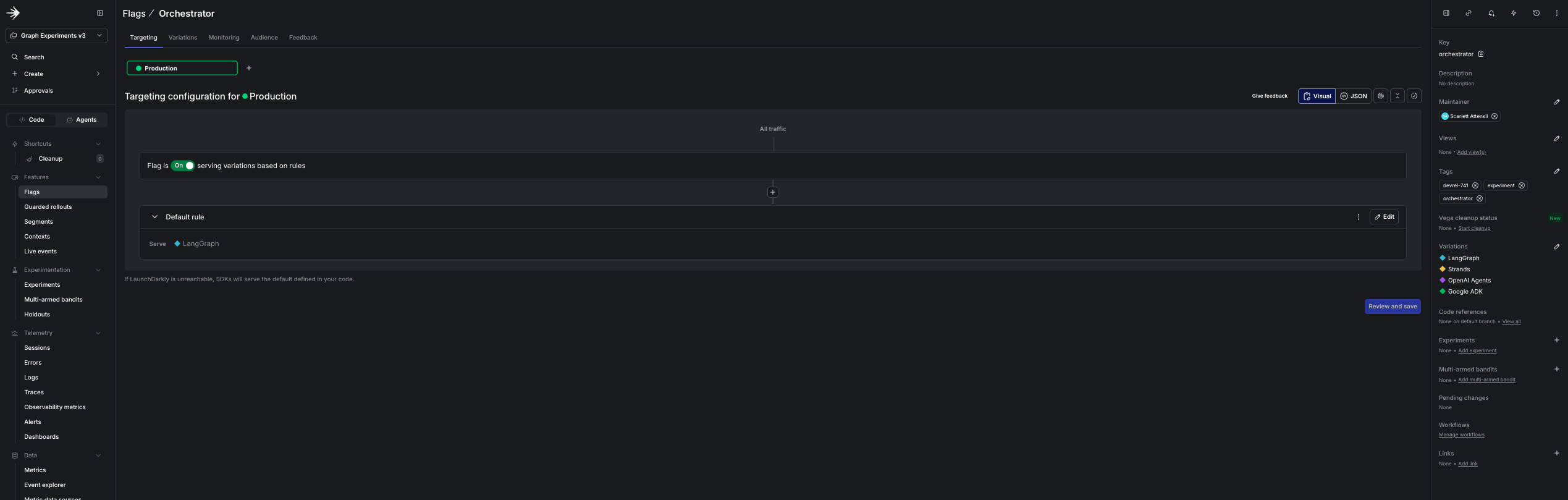 The orchestrator flag in the LaunchDarkly UI: one multivariate flag with a variation per framework, serving the default to production as the runtime router.
