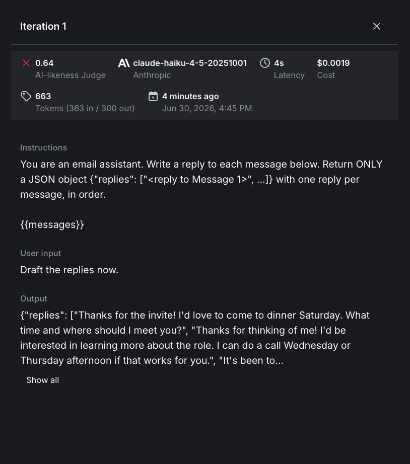 The detail view for iteration 1 on claude-haiku-4-5-20251001, scoring 0.64 AI-likeness: the baseline instruction with its JSON replies envelope and {messages} variable, the "Draft the replies now." user input, and output replies such as "Thanks for the invite! I'd love to come to dinner Saturday. What time and where should I meet you?"