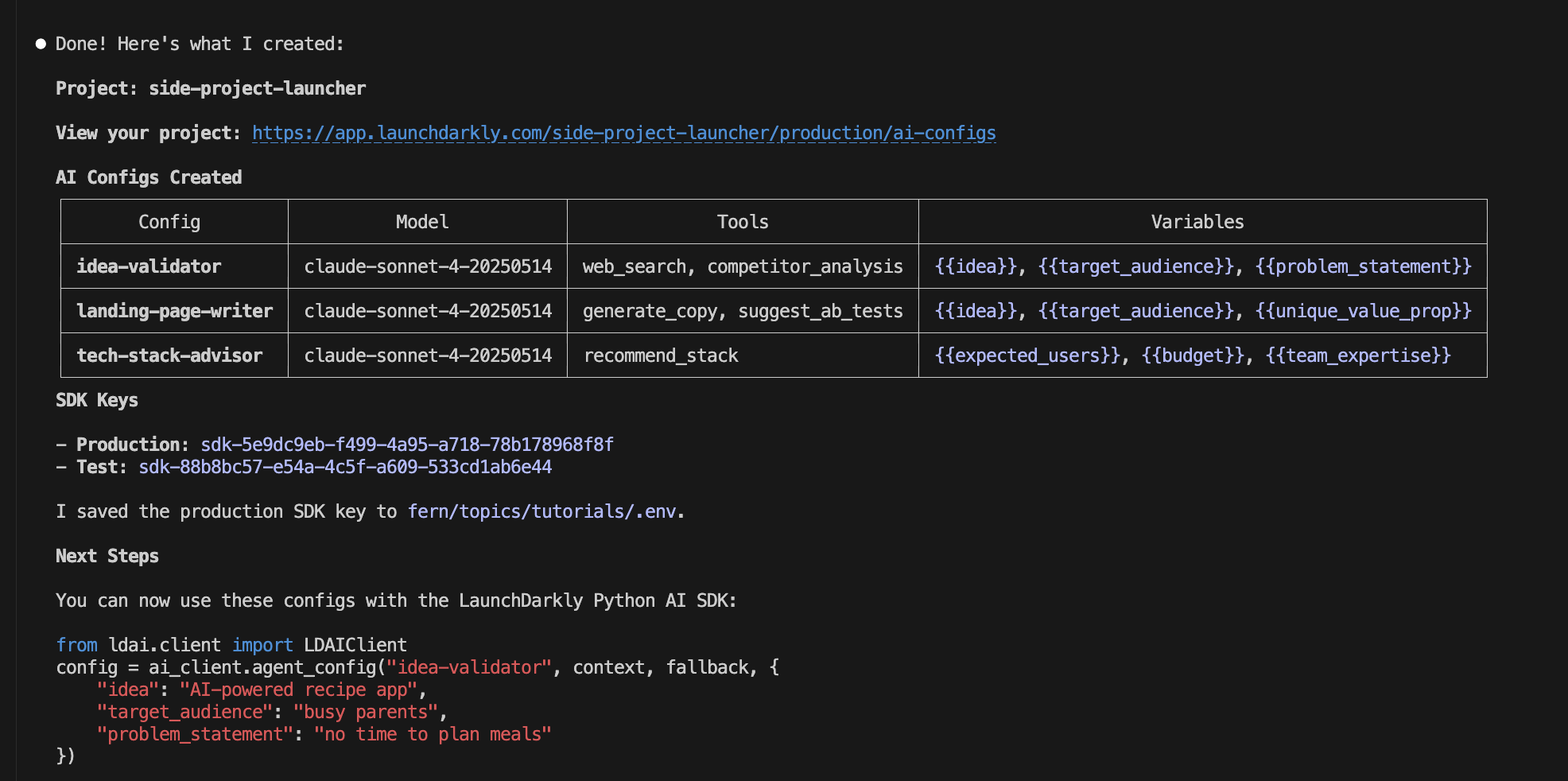 Claude Code showing created configs with models, tools, variables, and SDK keys