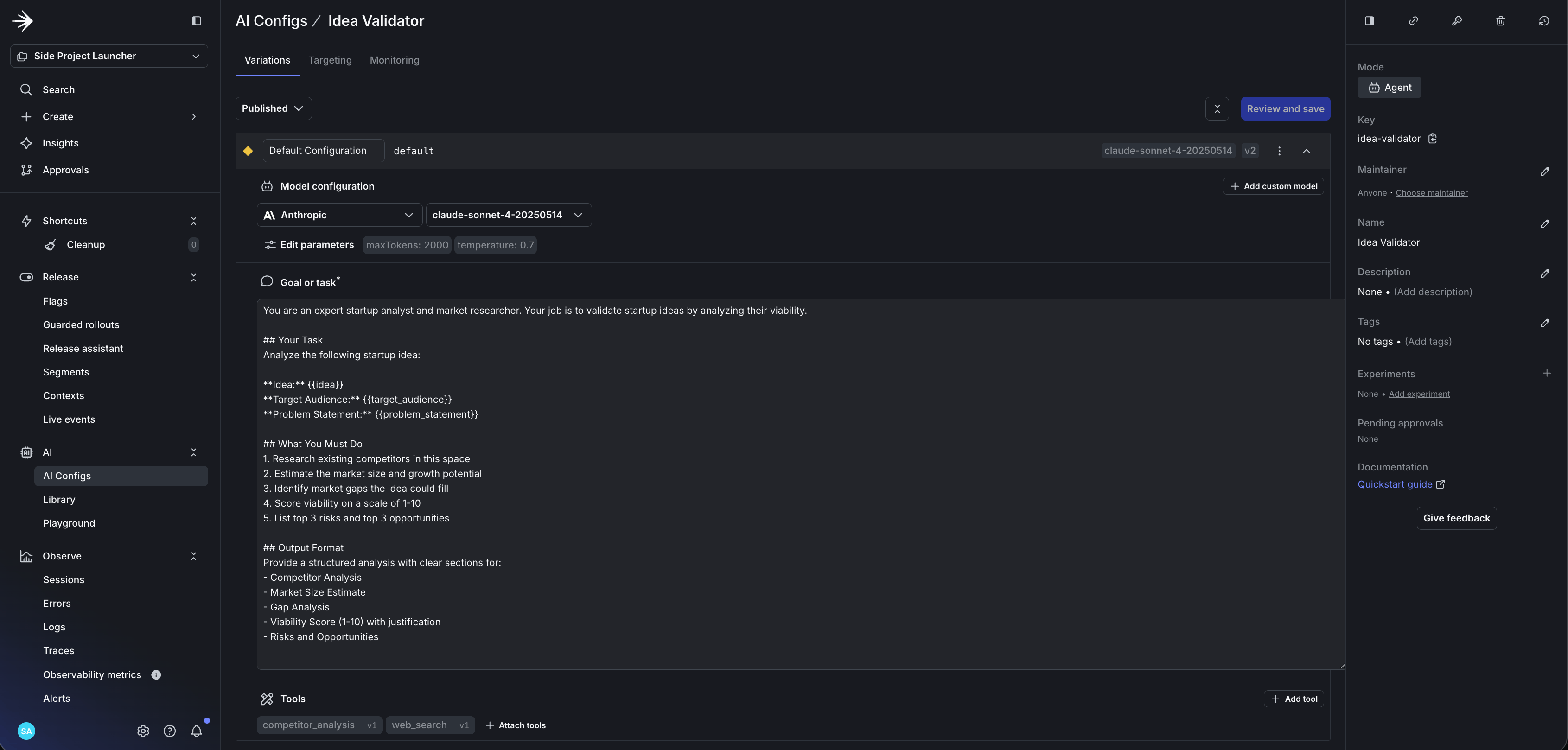 Idea validator config showing instructions, model settings, and variables