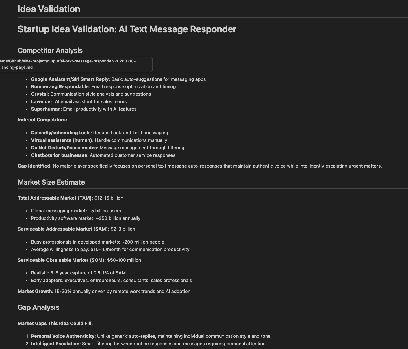 Idea validator agent output with market analysis and viability score