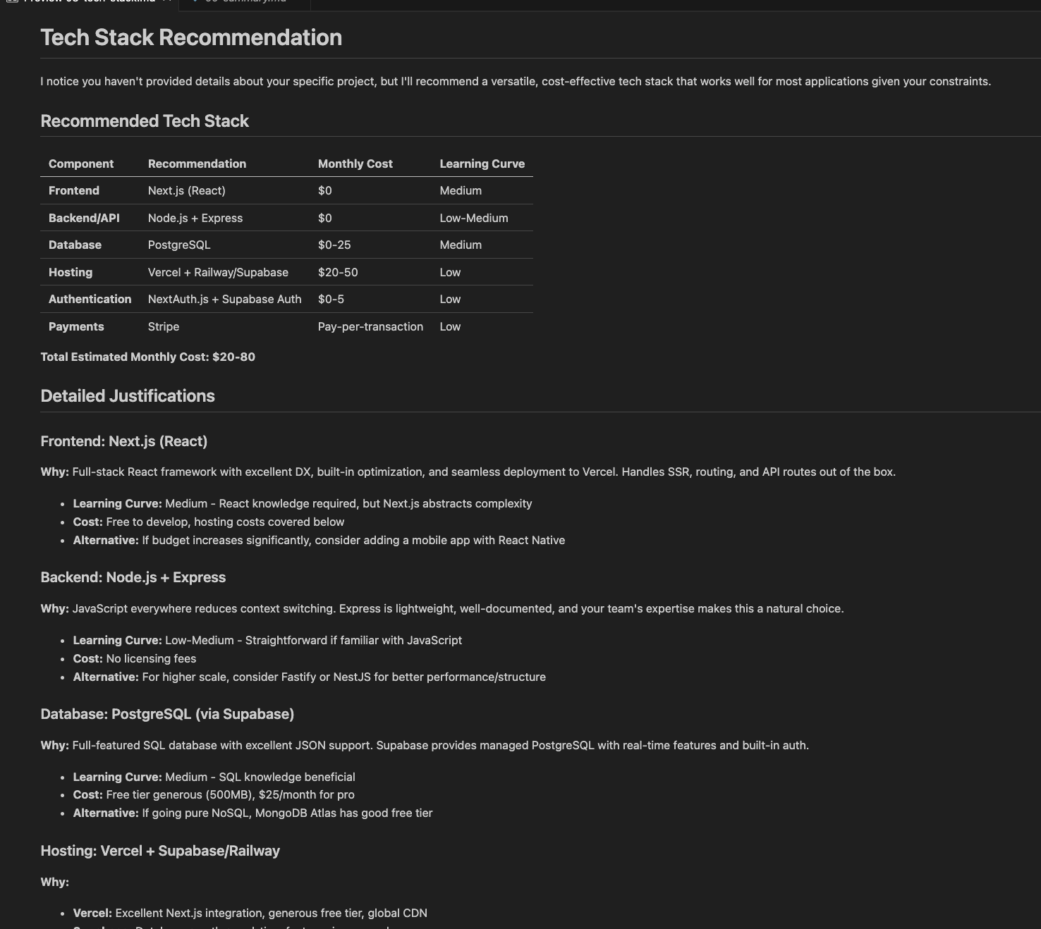 Tech stack advisor output recommending frameworks and infrastructure