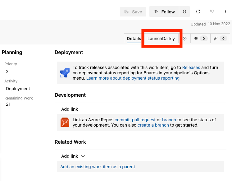 The Azure DevOps "Work items" page, with the "LaunchDarkly" tab called out.