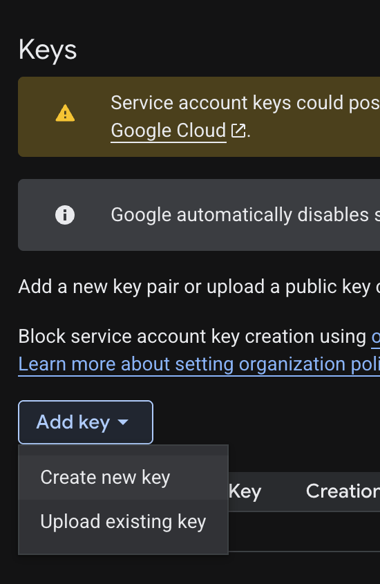 The "Add key" menu in BigQuery.
