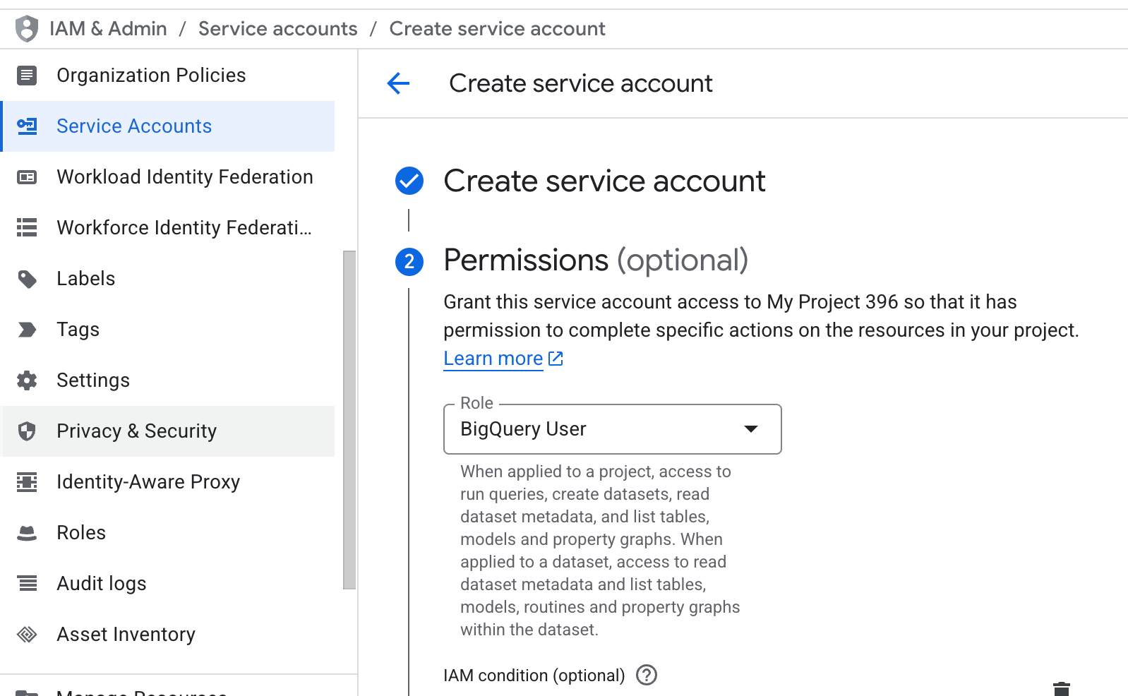 The service account permissions section in Google Cloud.