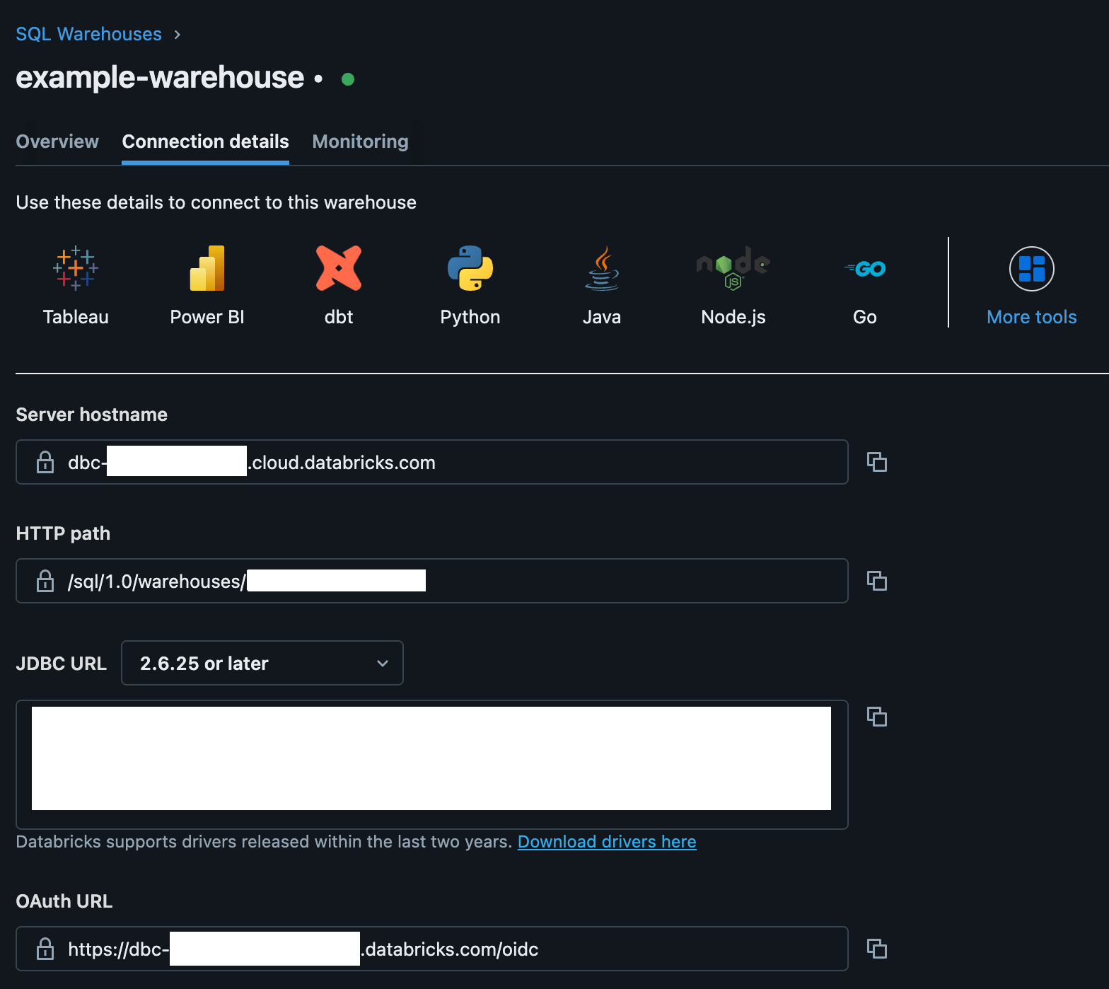 The Databricks connection details tab.