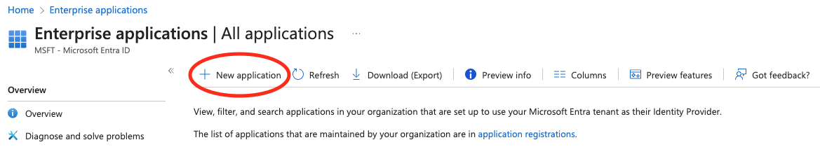 The "Enterprise applications" page with "New application" called out.