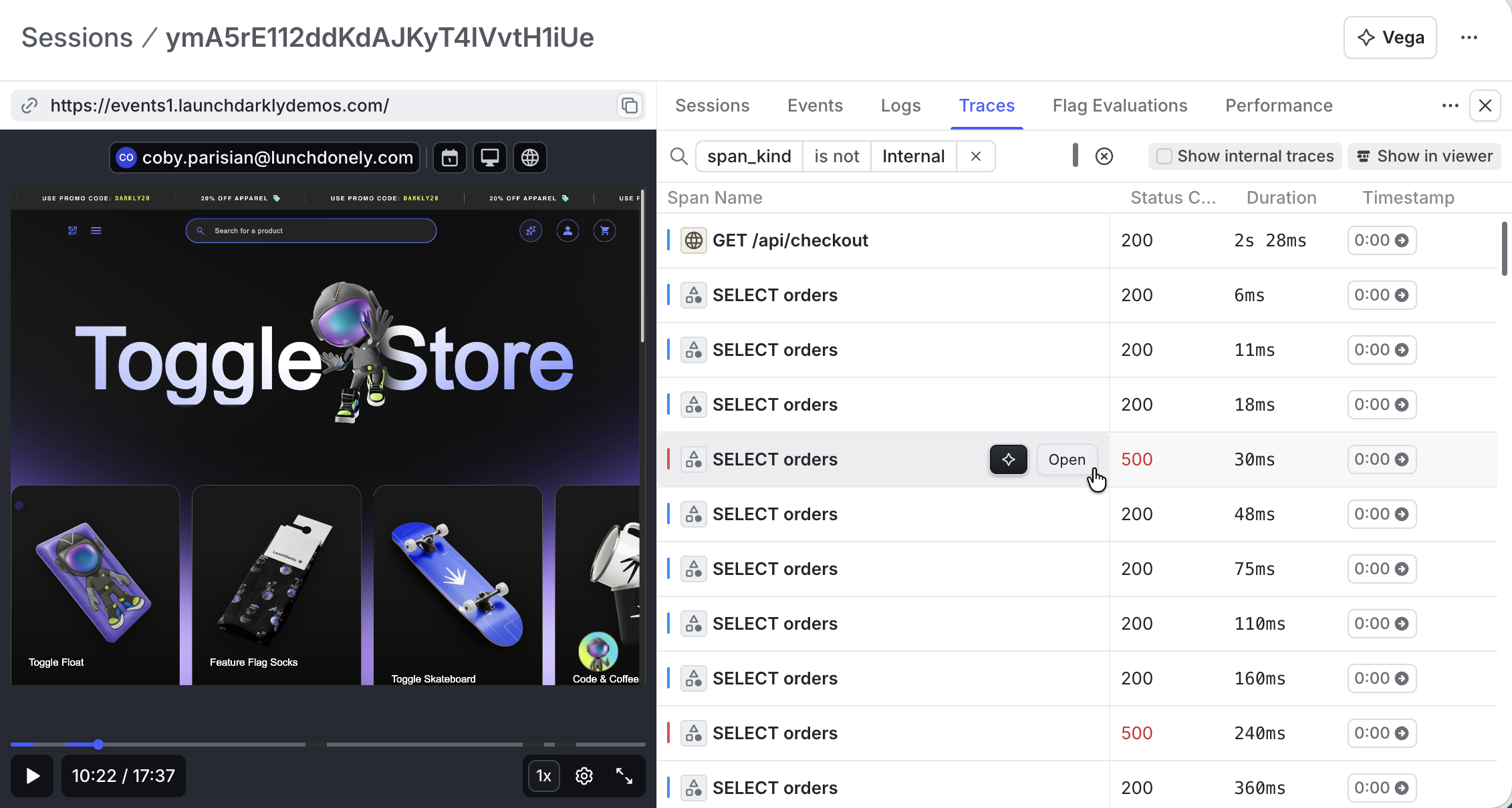 A session replay with the Traces tab open.