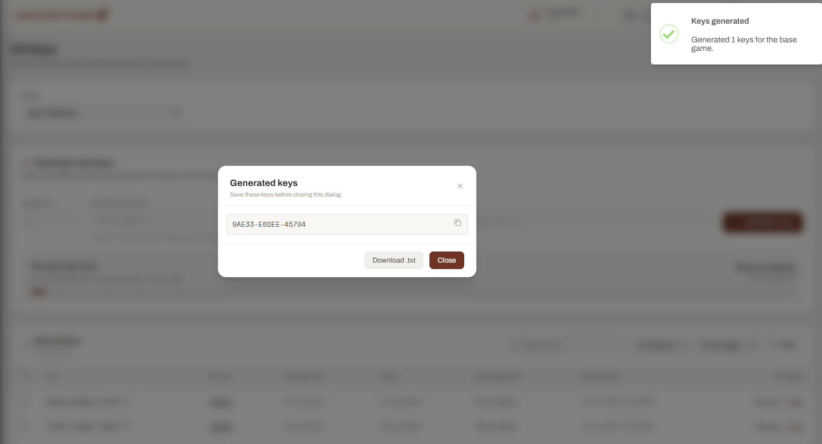 Launcher Forge Generated keys dialog with copy and Download txt actions