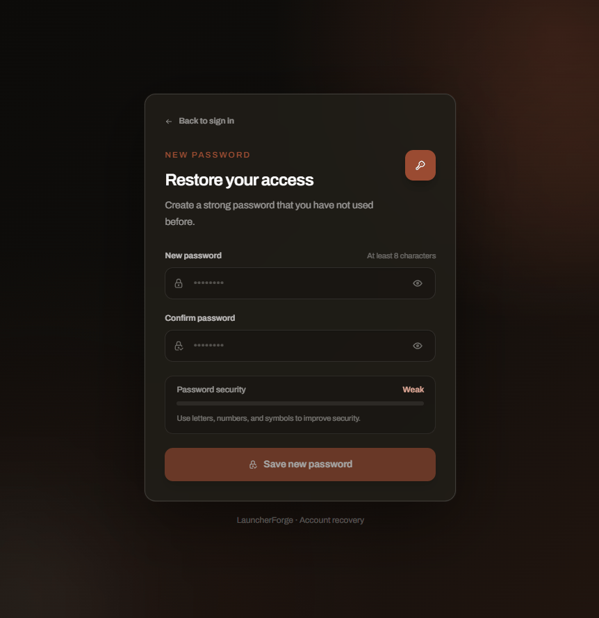 Launcher Forge developer account new password form