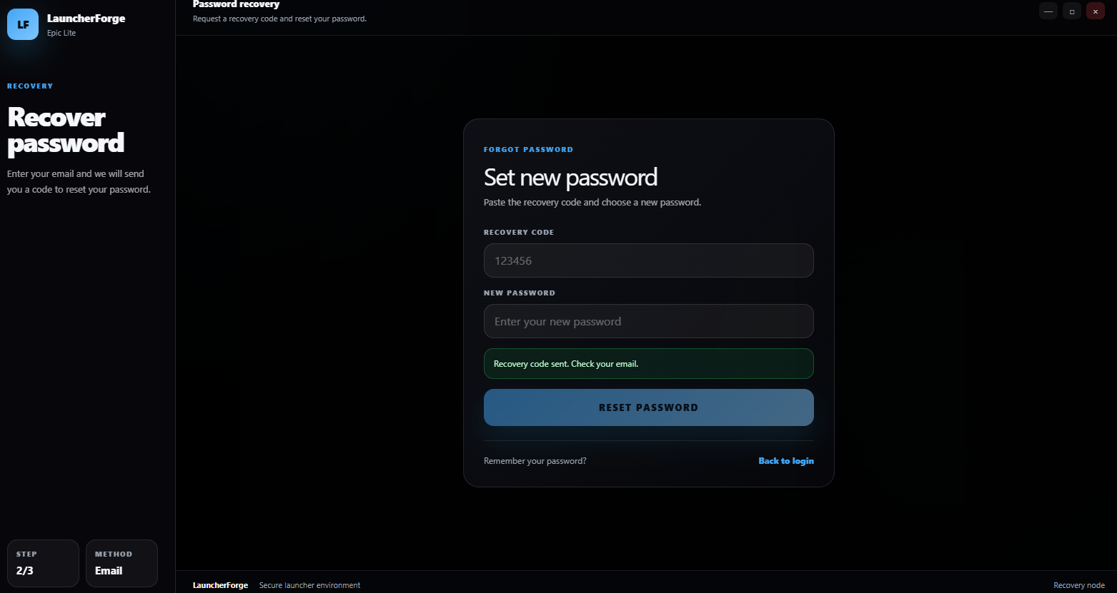 Launcher Forge launcher recovery code and new password form