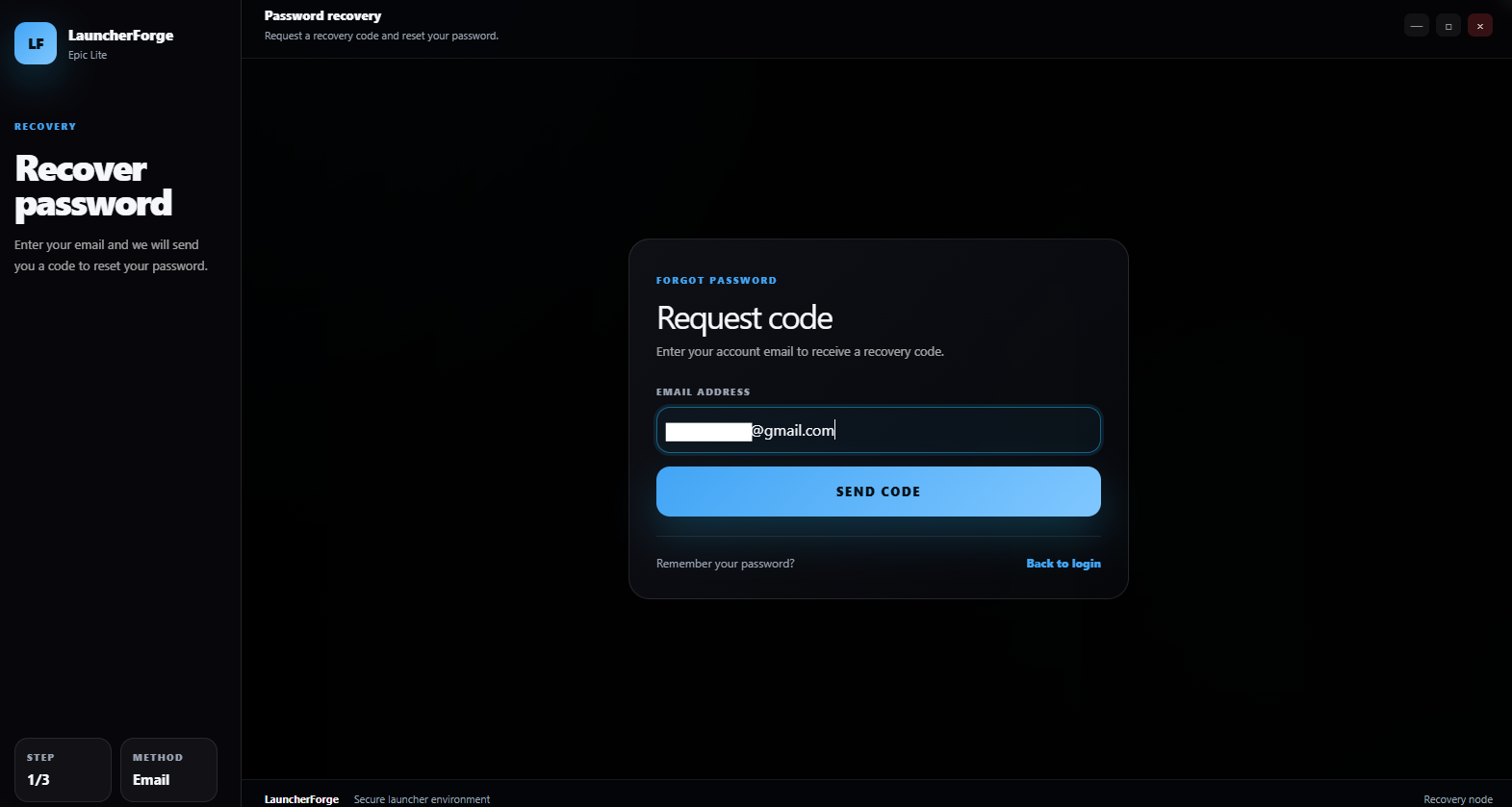 Launcher Forge launcher password recovery email form