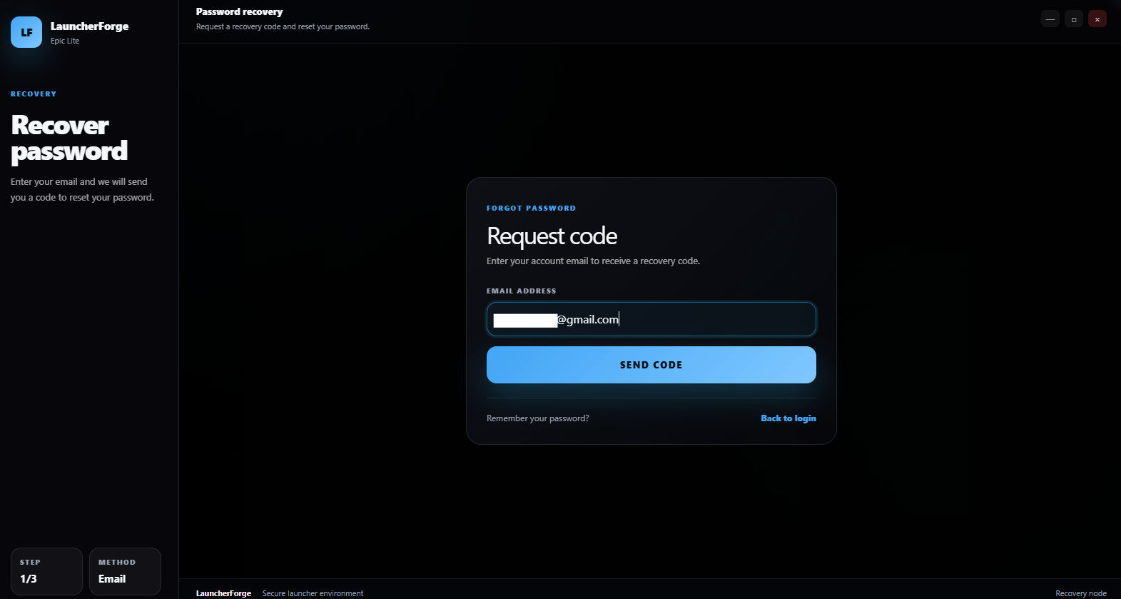 Launcher Forge launcher password recovery email form