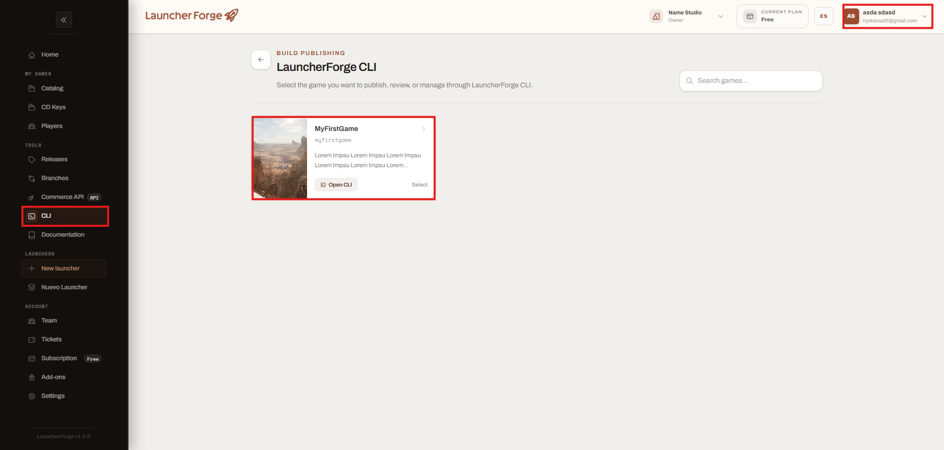 Launcher Forge CLI page with the game card and Open CLI option highlighted