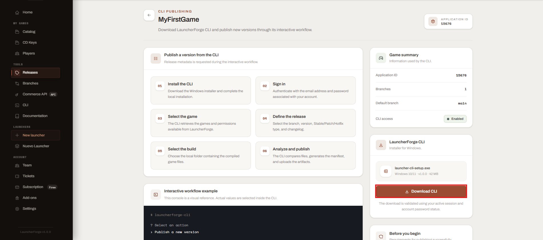 Página del dashboard con la acción Download CLI