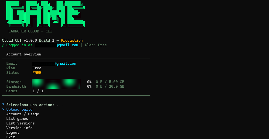 Menú principal de Launcher Forge CLI con Upload build seleccionado
