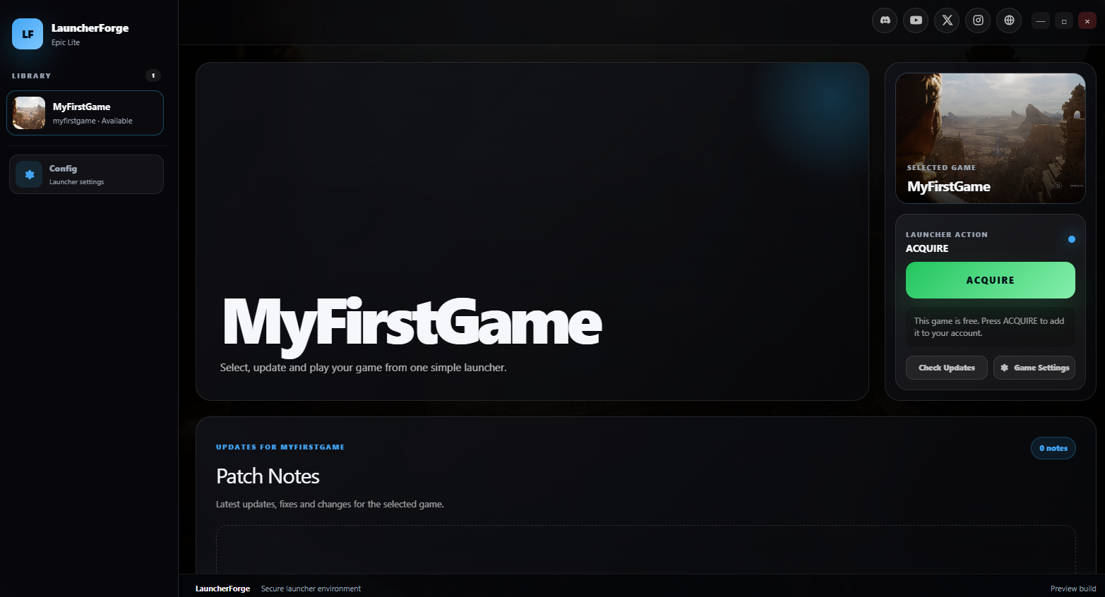 Launcher Forge end-user launcher showing the Acquire action for a free game