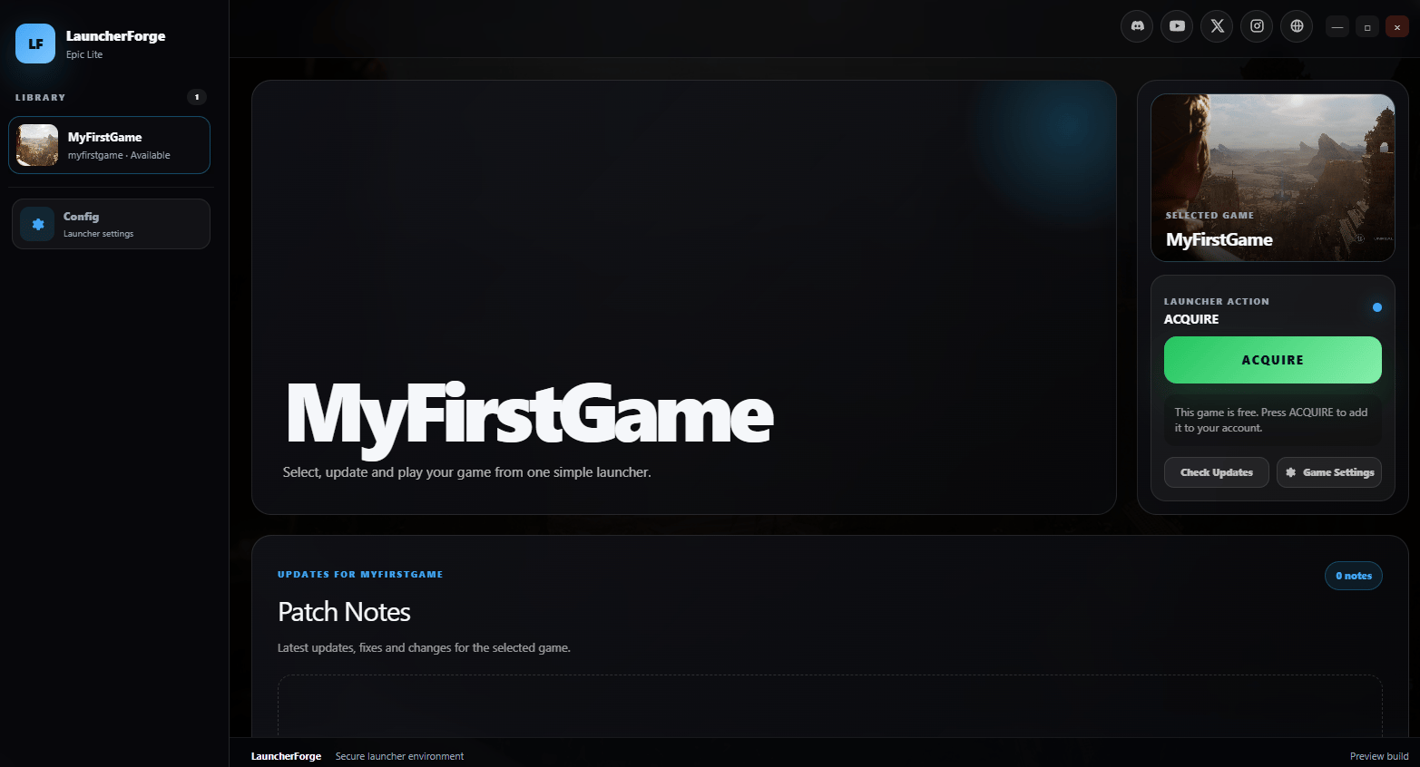 Launcher Forge end-user launcher showing the Acquire action for a free game