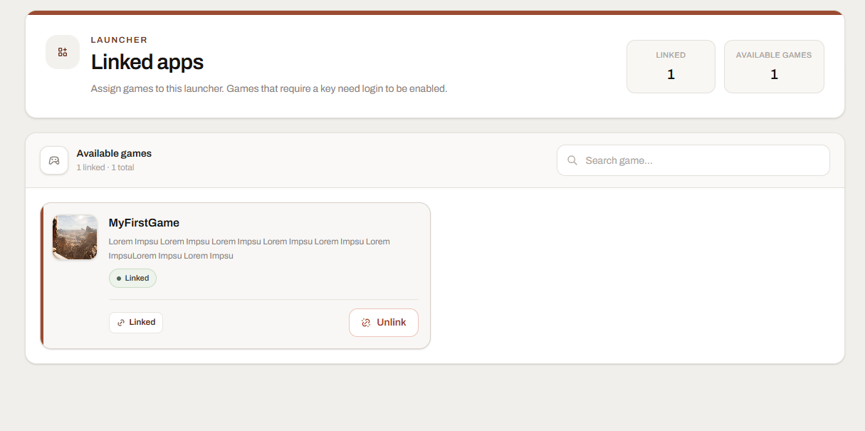 Launcher Forge Linked apps page showing the game with Linked status