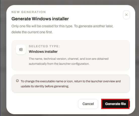Launcher Forge confirmation window for generating the Windows installer