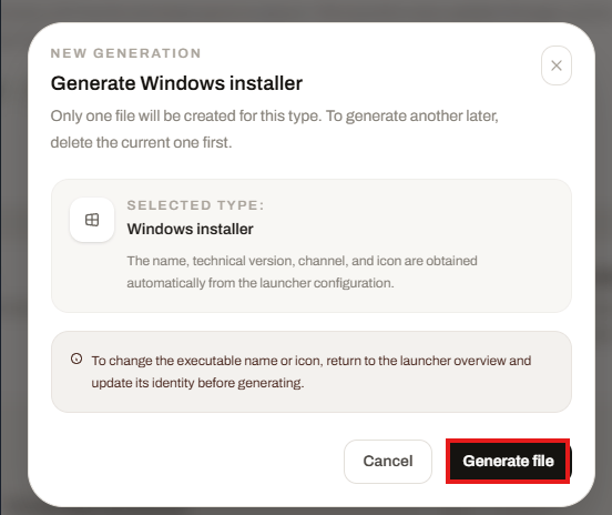 Launcher Forge confirmation window for generating the Windows installer