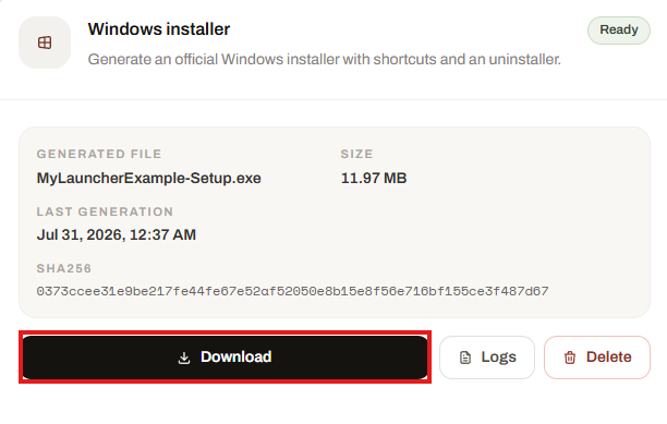 Generated Launcher Forge Windows installer with Download, Logs, and Delete actions