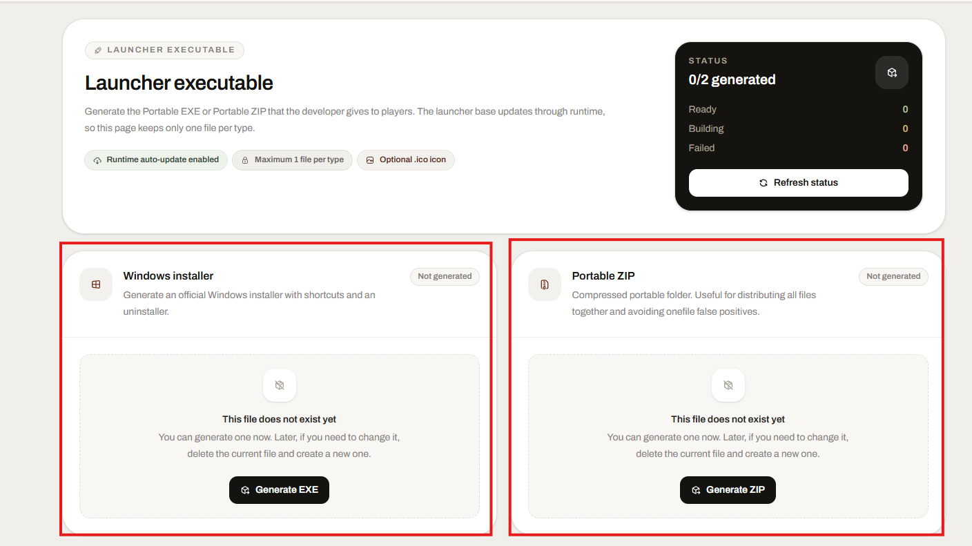 Launcher Forge executable generation page with Windows installer and Portable ZIP options