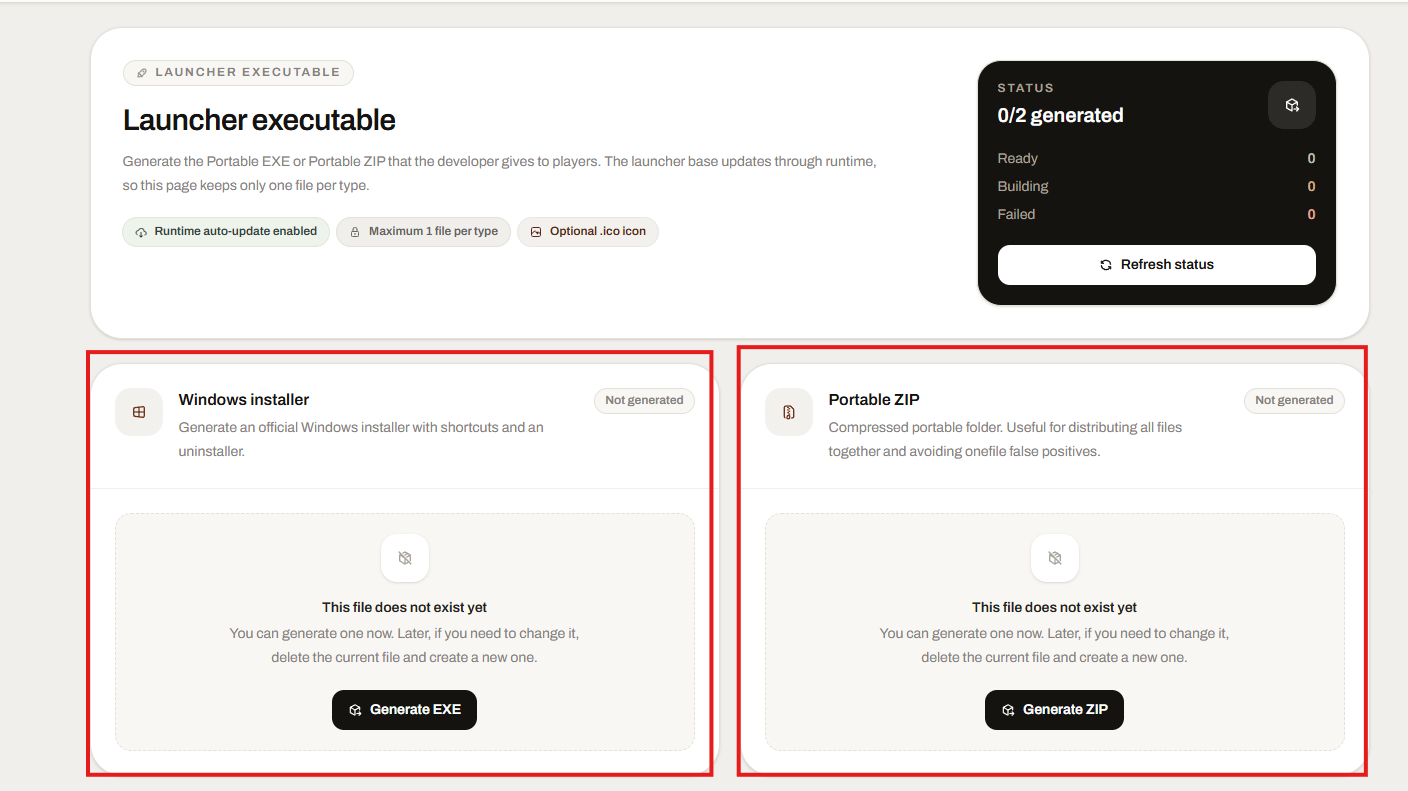 Launcher Forge executable generation page with Windows installer and Portable ZIP options