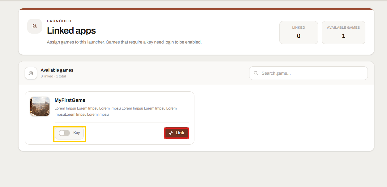 Launcher Forge Linked apps page showing the Key option and Link button