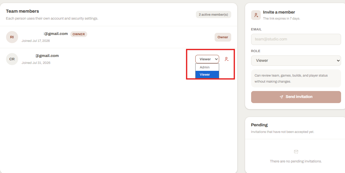 Launcher Forge Team page with the Admin and Viewer role selector